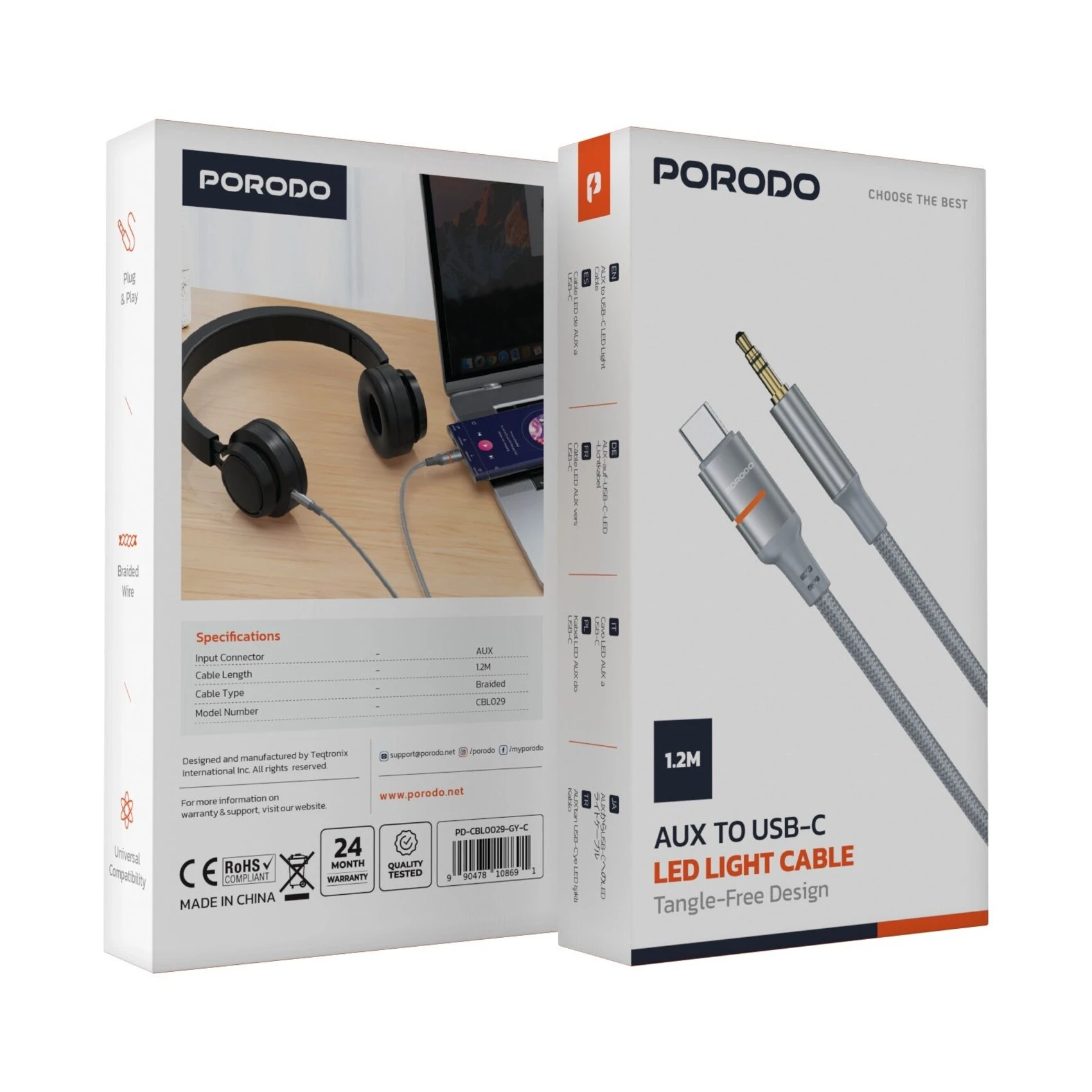 Porodo USB2.0 Type-C to3.5mm Braided Audio Cable 1.2M - Grey