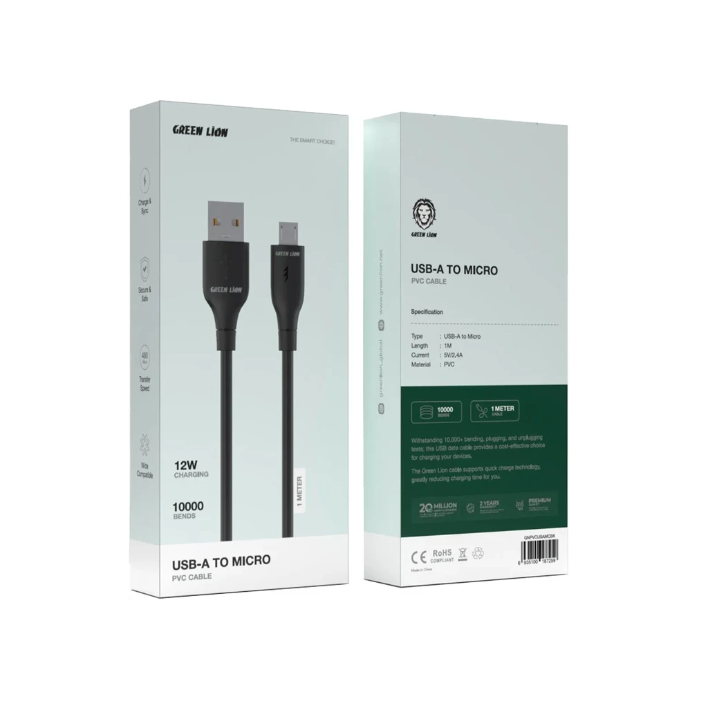 Green Lion USB-A to Micro USB PVC Cable 1M 2.4A - Black