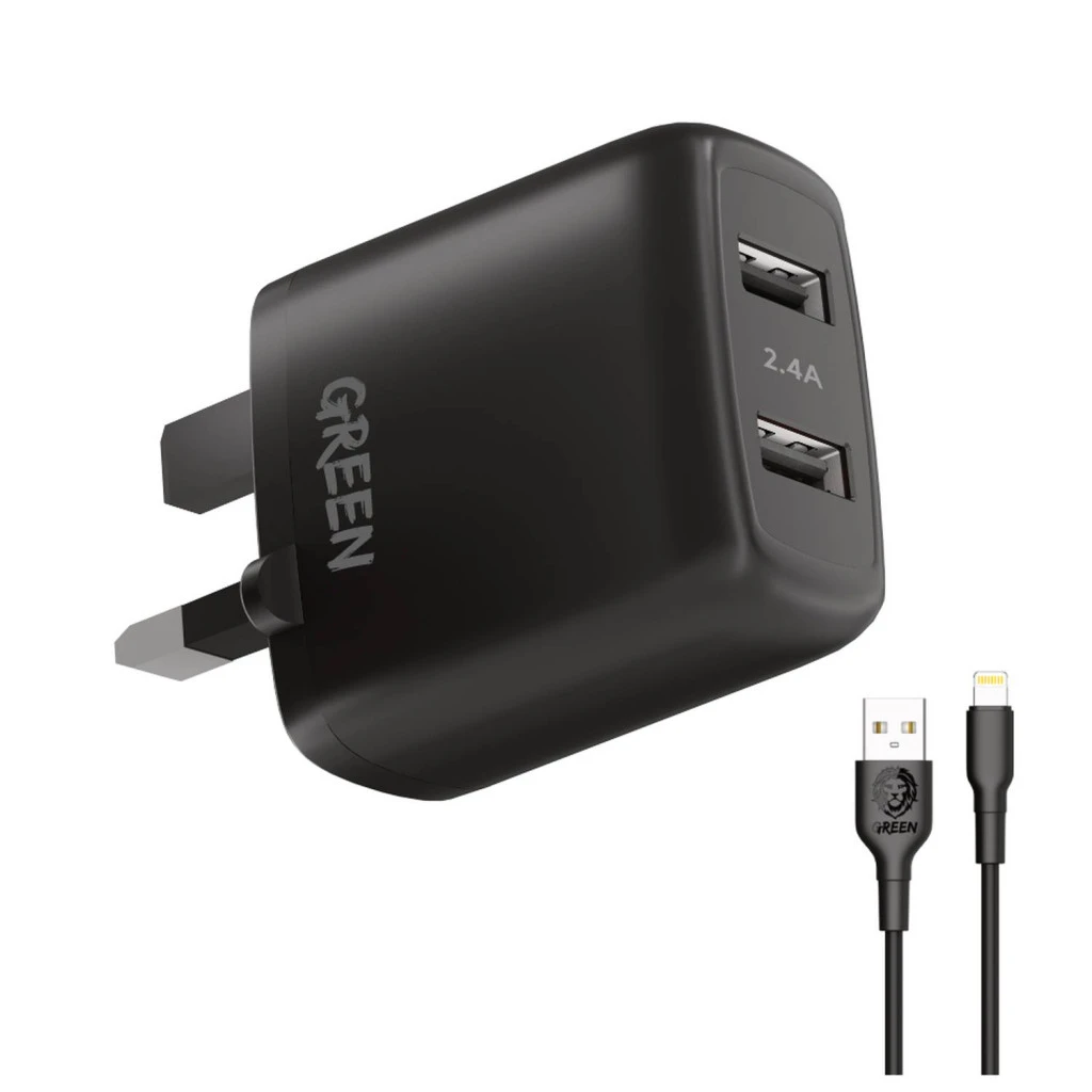 DUAL USB 12W WALL CHARGER WITH USB A TO LIGHTNING