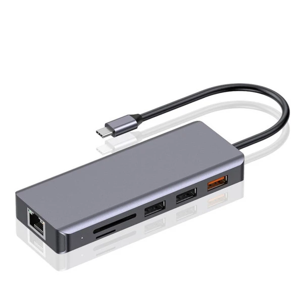 Porodo 9 in1 USB-C Hub Type-C PD 100W HDMI Ethernet USB SD Card 3.5mm Aux3-Grey