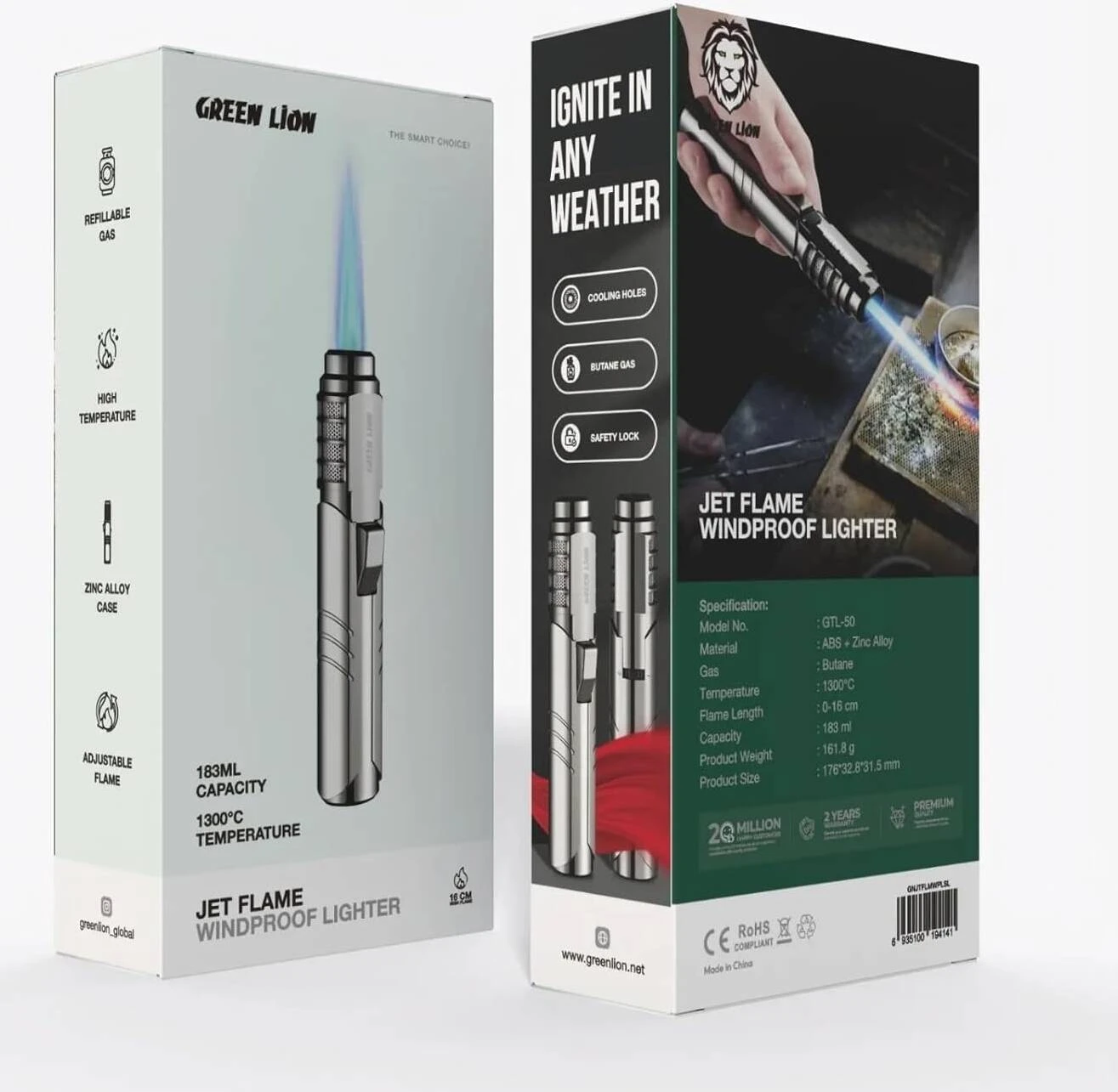 Green Lion Jet Flame Windproof Lighter - Silver