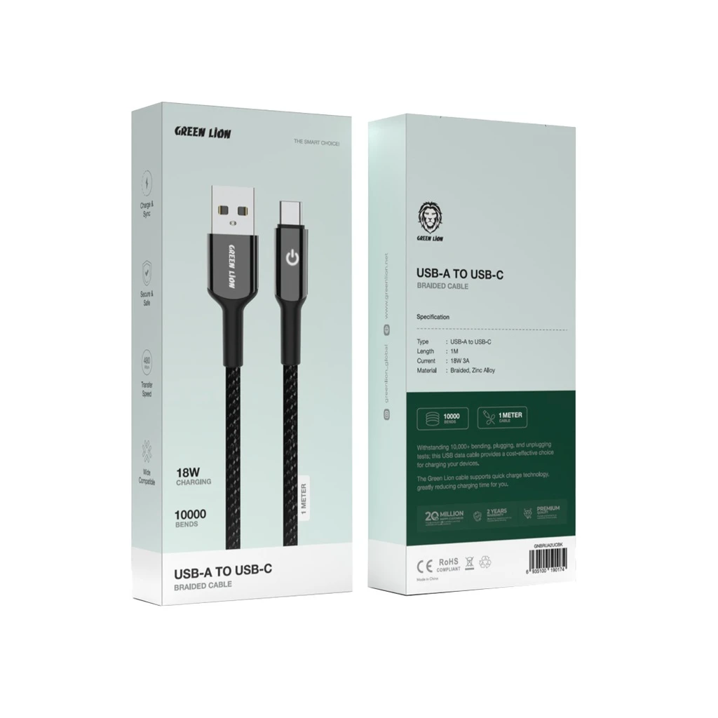 Green Lion USB A to C Touch Cable 1M 3A - Black