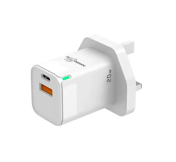 Porodo Blue 20W Wall Charger 1"PD Type-C and 1" QC Type-A UK with Type C to LIGH