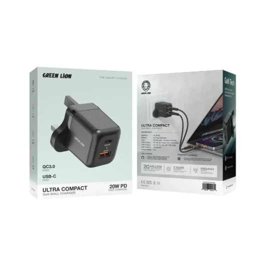 Green Lion Ultra Compact GaN Wall Charger UK Pin C to C PD20W + QC3.0 - Black WI