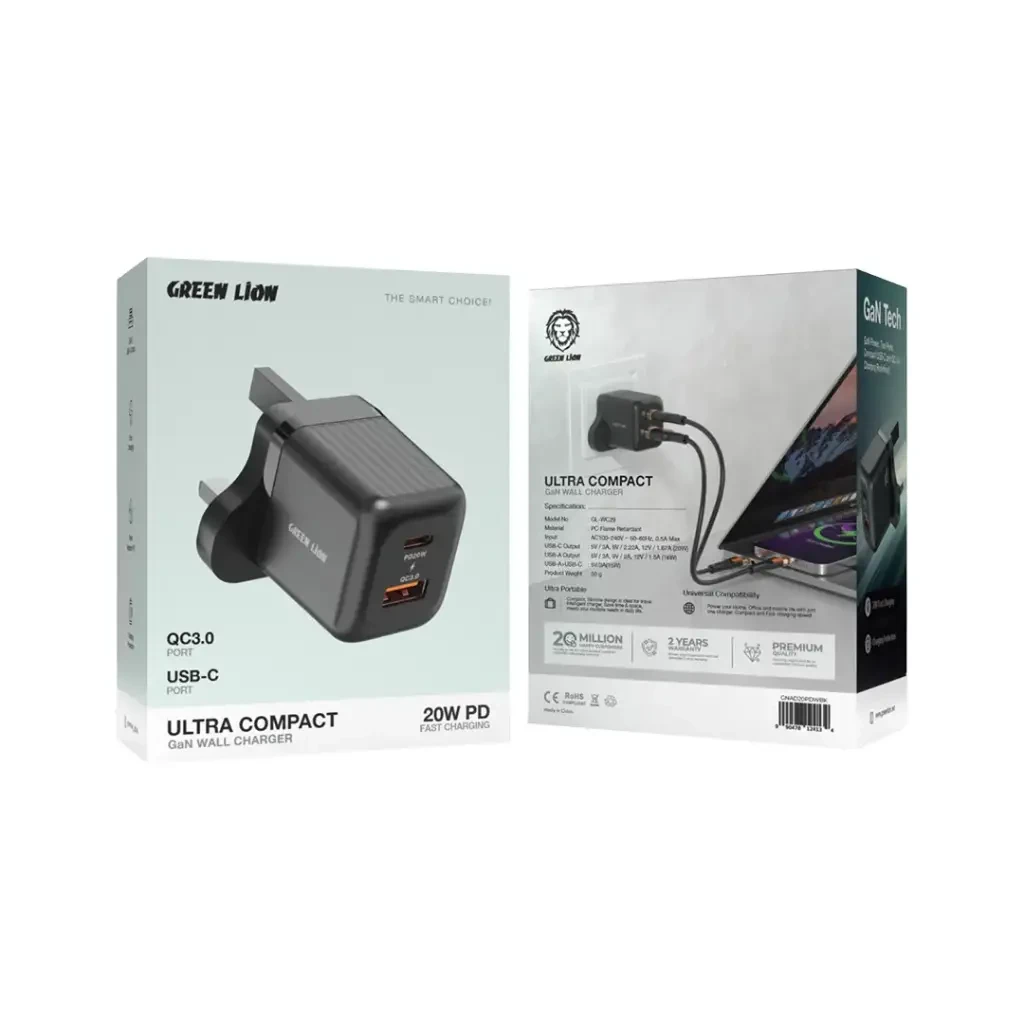 Green Lion Ultra Compact GaN Wall Charger UK Pin A+C 20W