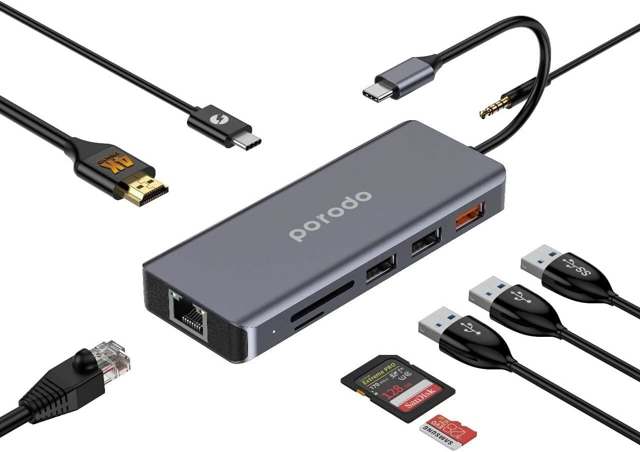 Porodo 9 in 1 4K HDMI Ethernet USB -C Hub