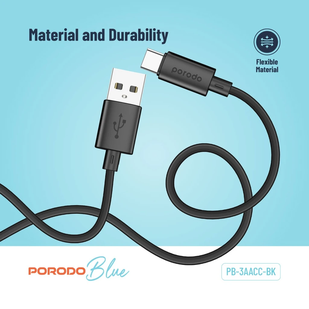 PORODO BLUE 3A USB A TO USB C PVC CABLE